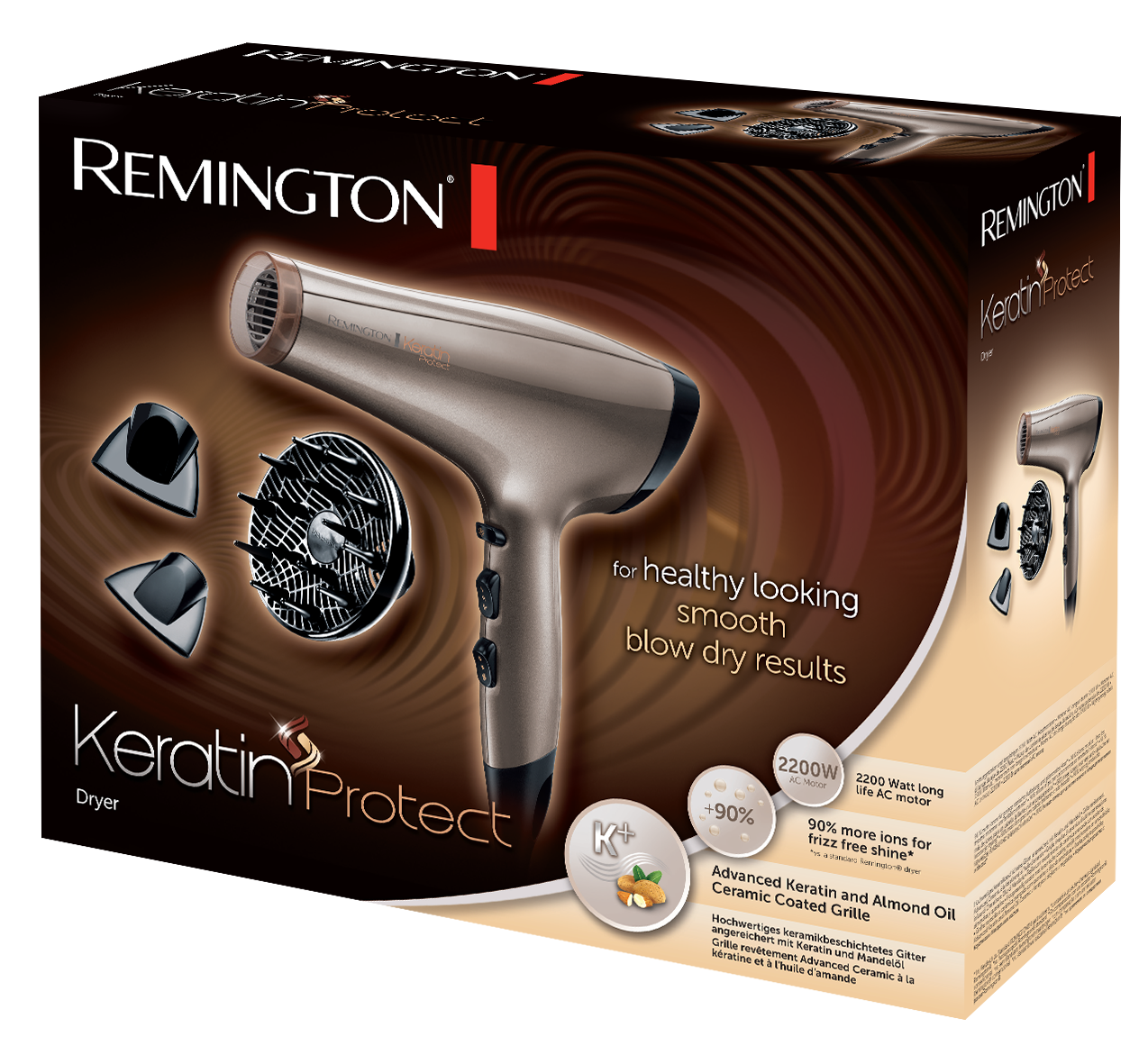 Remington Keratin Protect hair dryer with attachments in a box, with text and images.
