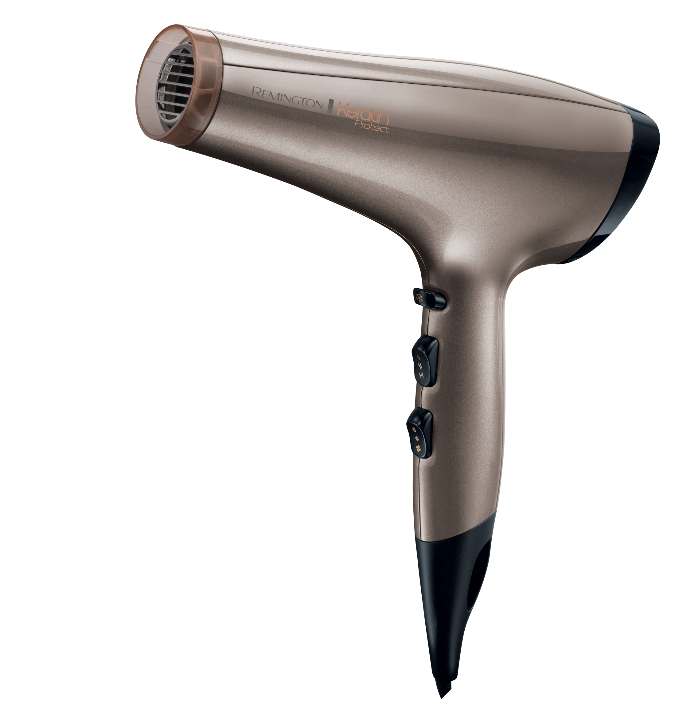 Hair dryer, brown and black, with buttons and a nozzle.