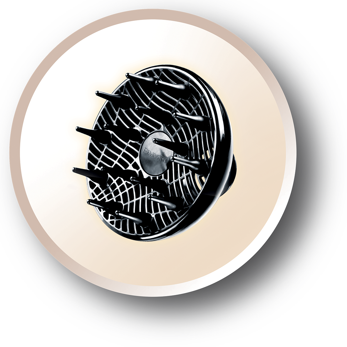 Black hair dryer diffuser head with multiple prongs, set on a beige, circular background.