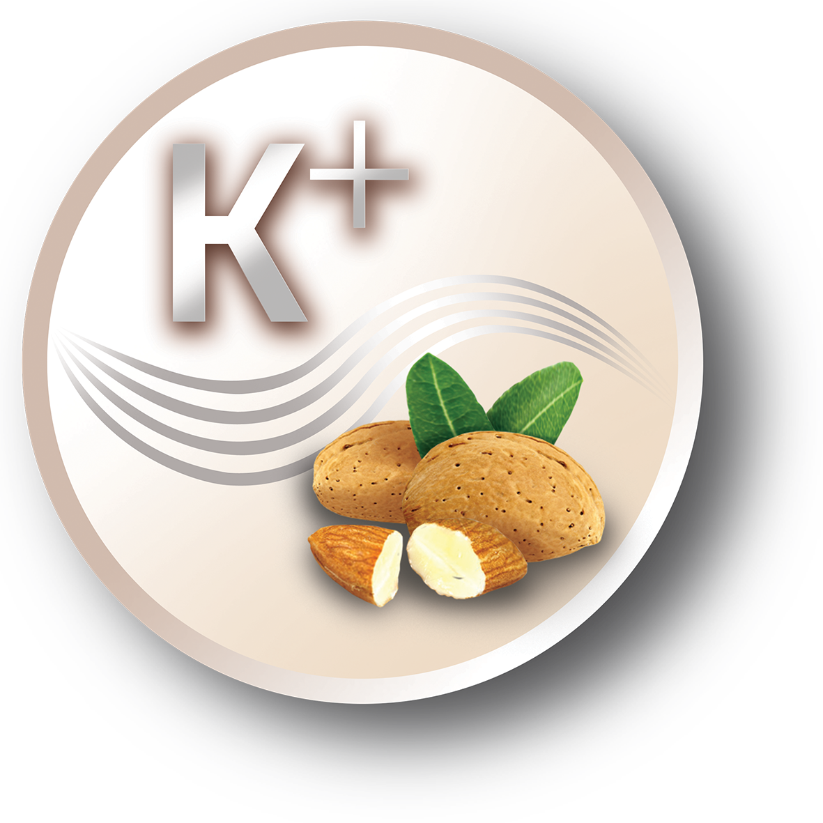 A white circle with a K+ symbol and almonds, leaves. Beige background and a gray border.