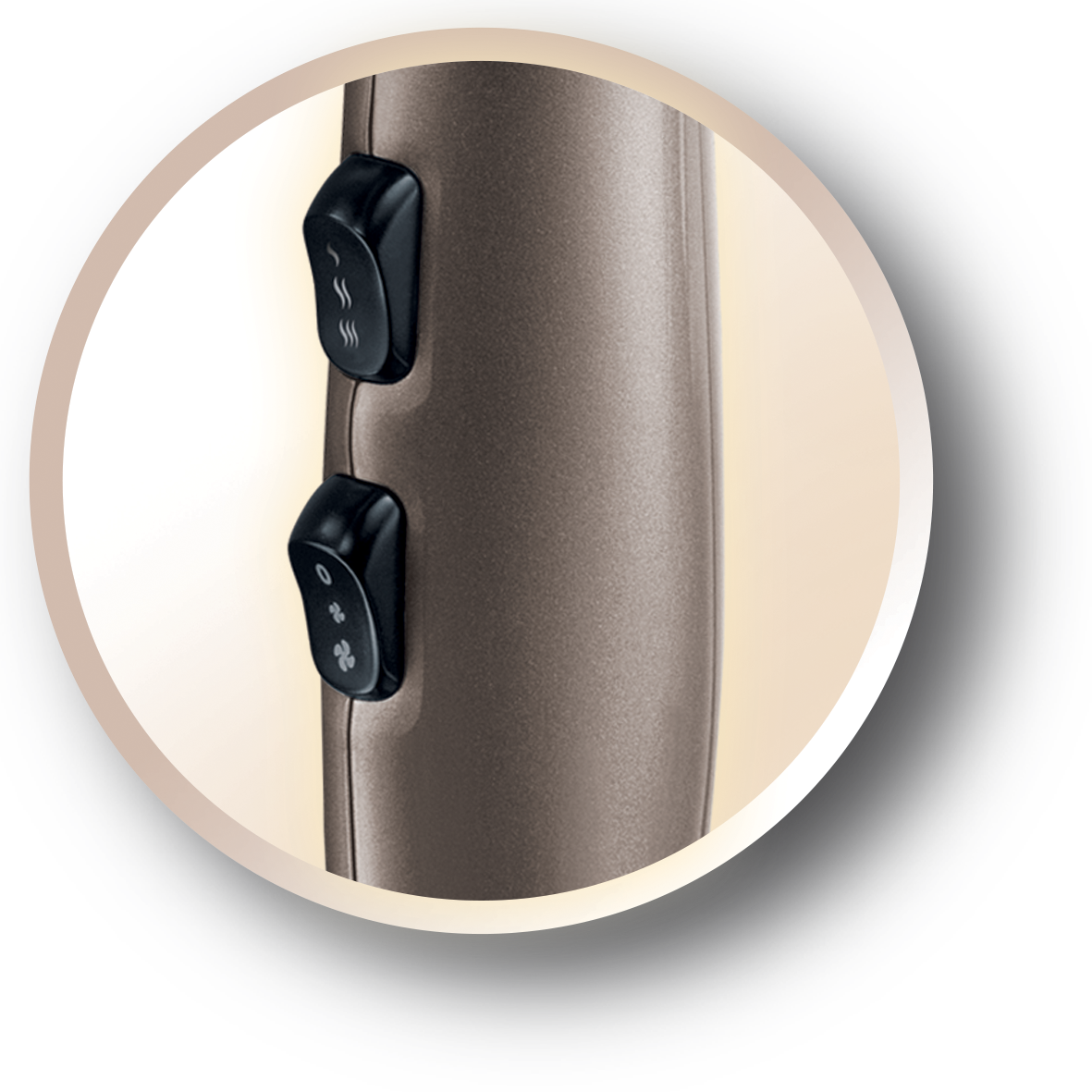 Close-up of a brown hair dryer with two black buttons. The buttons control heat and fan speed.