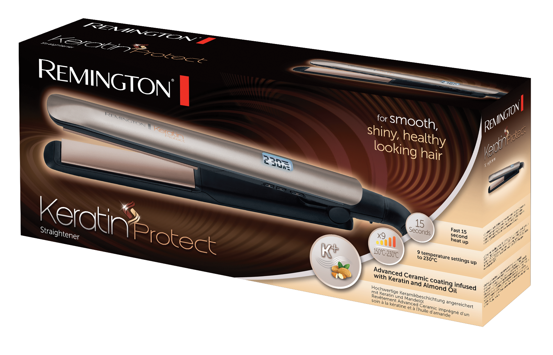 Box of Remington Keratin Protect hair straightener. It has a gold and black design with text and images.