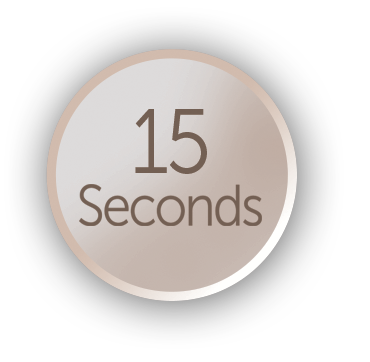 A round white button with text that says "15 seconds" on black background.