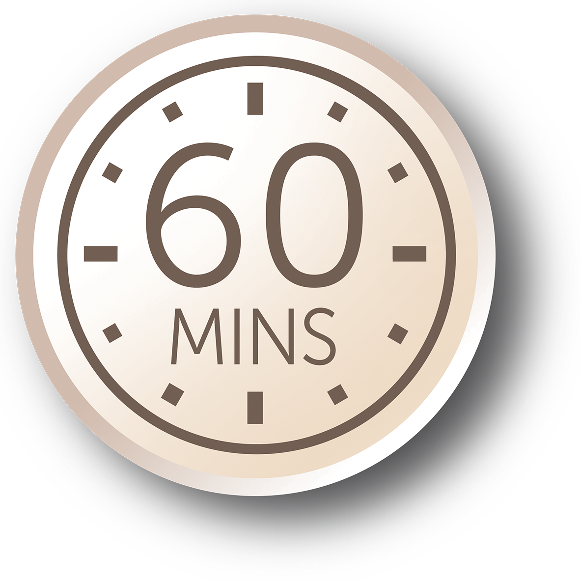 A clock face showing 60 minutes in brown against a dark gray circular background.