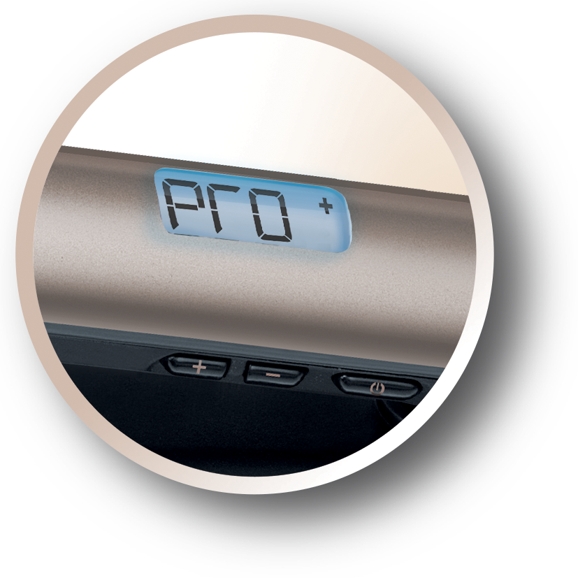 Close-up of a hair straightener's control panel. It has a digital display and buttons.