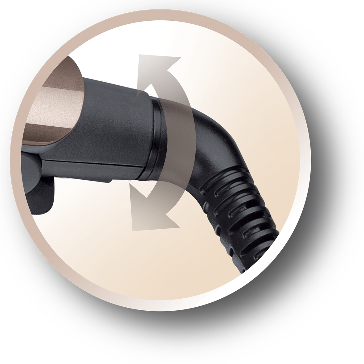 Curling iron detail. Black body with gold accent and circular arrow graphic.