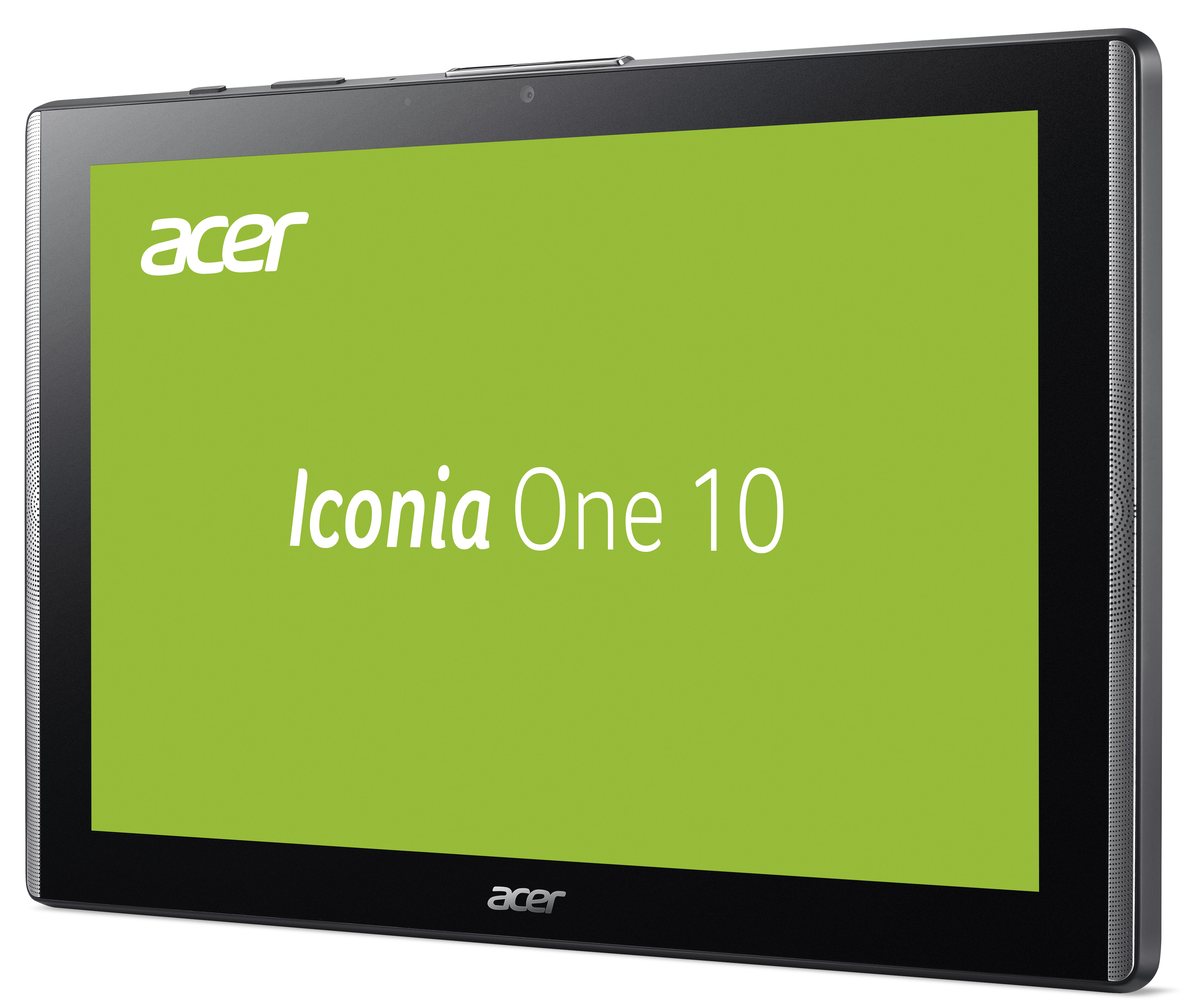 Schwarzes Acer-Tablet mit grünem Bildschirm, auf dem 'Iconia One 10' steht.