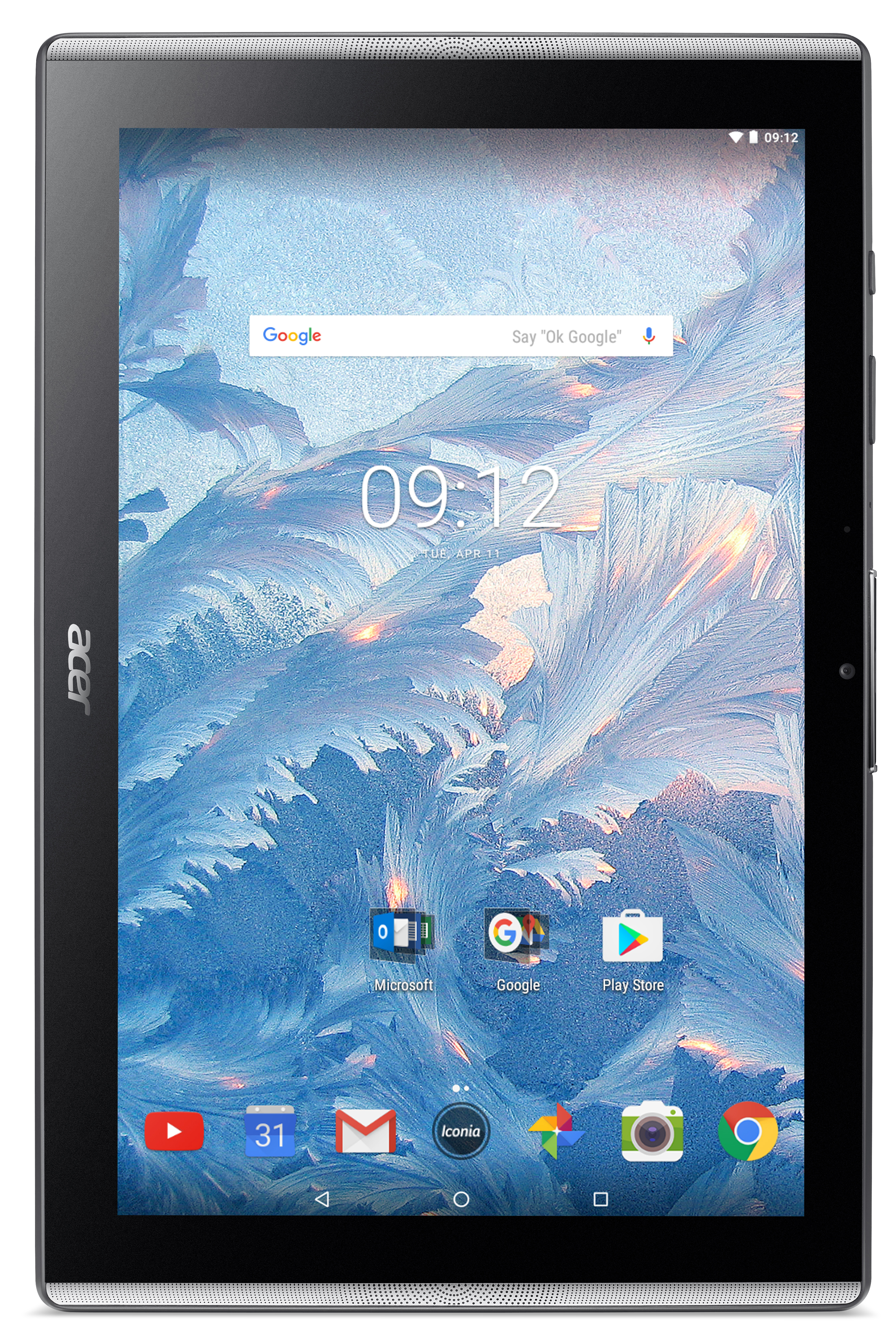 Ein Acer Tablet mit blauem, eisigem Hintergrund, zeigt Zeit und Google-Suchleiste.