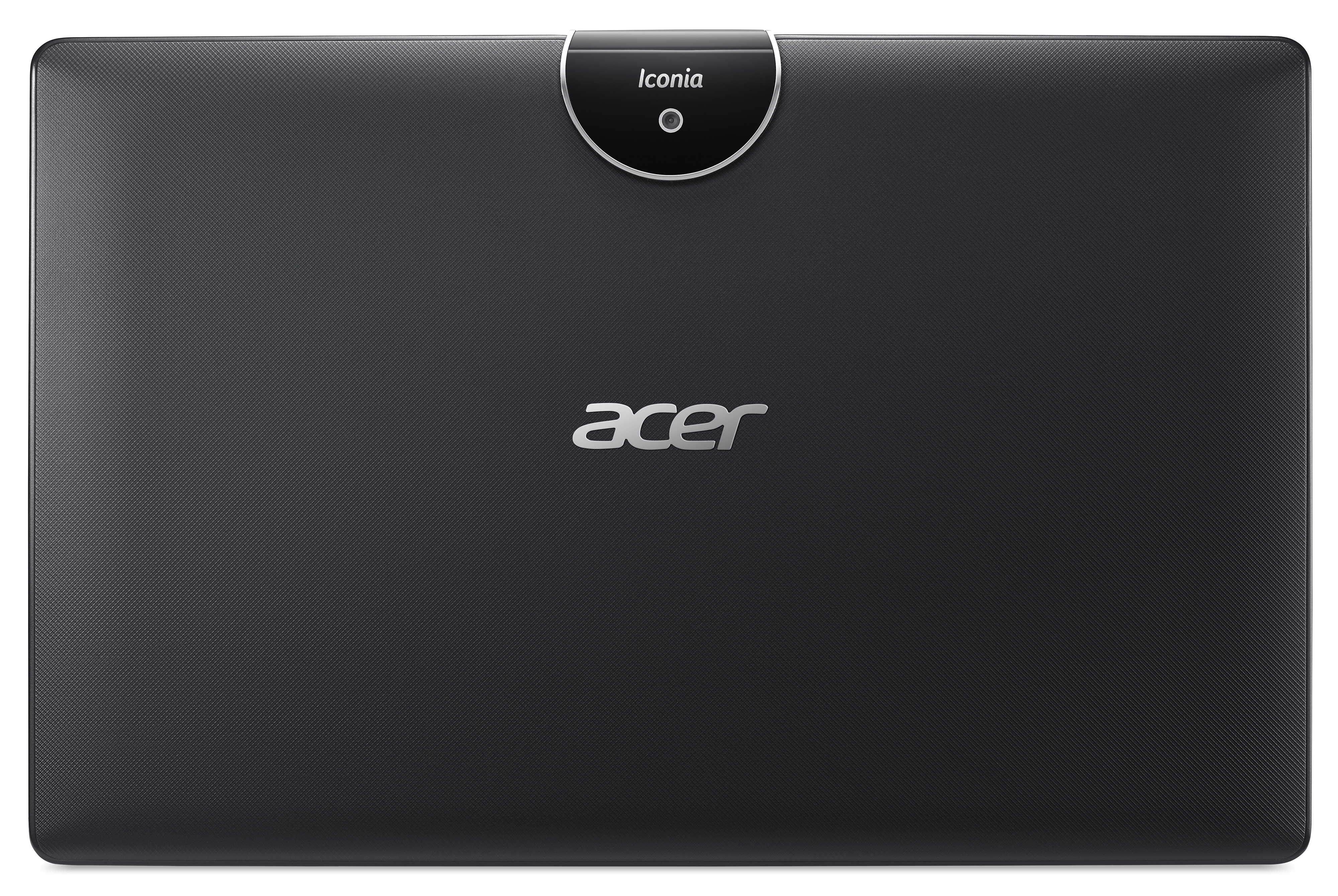 Schwarze Tablet-Rückseite. Acer-Logo in Silber. Iconia-Logo mit Kamera. Strukturierte Oberfläche.