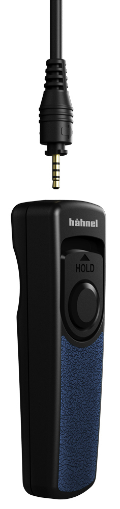 Schwarze und blaue Kamerafernbedienung. Enthält einen Stecker und eine Hold-Taste. Die Marke Hähnel ist sichtbar.
