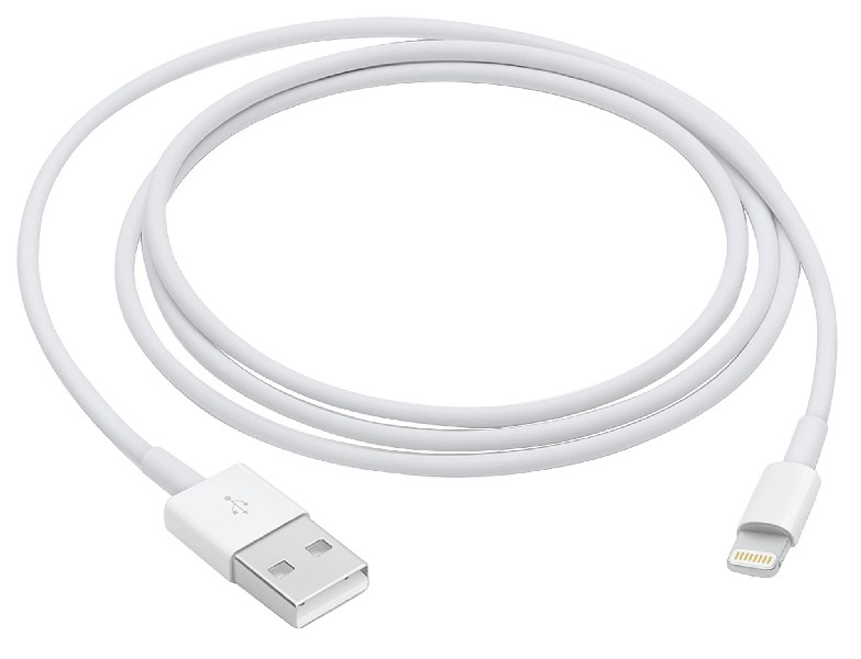 Un câble blanc Apple Lightning vers USB, enroulé sur un fond blanc.