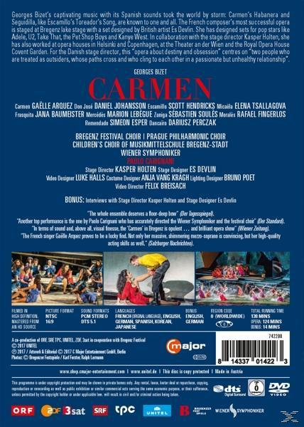 Rückseite der Carmen-DVD-Hülle mit Text und Bildern einer Aufführung.