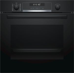 Schwarzer Einbaubackofen mit Digitalanzeige und zwei Bedienknöpfen. Es ist ein Bosch.