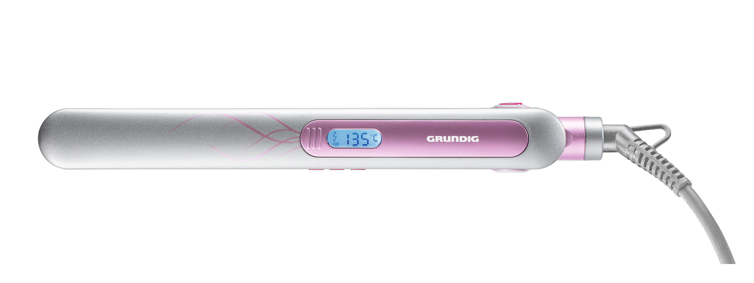 Rosa-silberner Grundig Haarglätter mit Digitalanzeige.