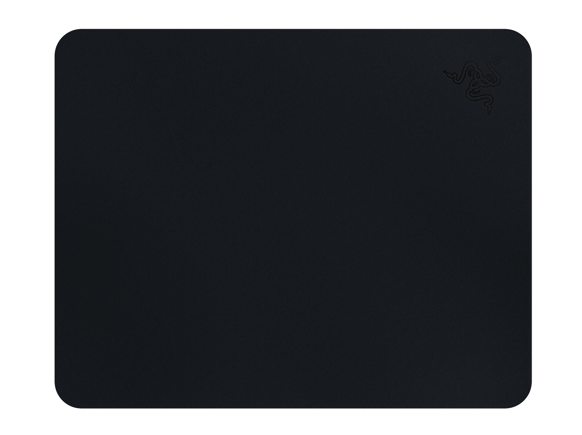 A black Razer mouse pad with the Razer logo in the upper right corner, plain black surface.