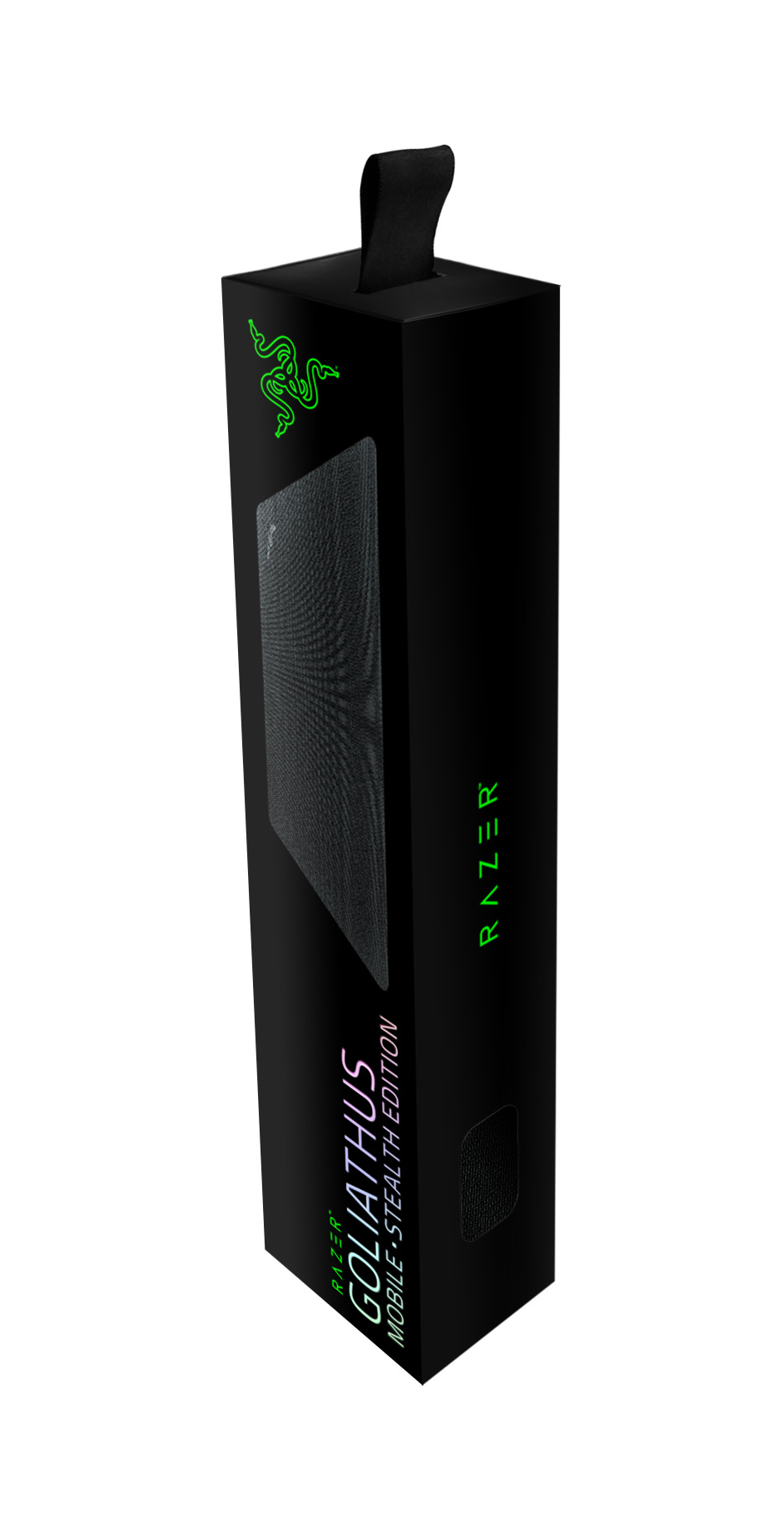 Black Razer Goliathus mouse pad box. The Razer logo is on top, with the pad inside.