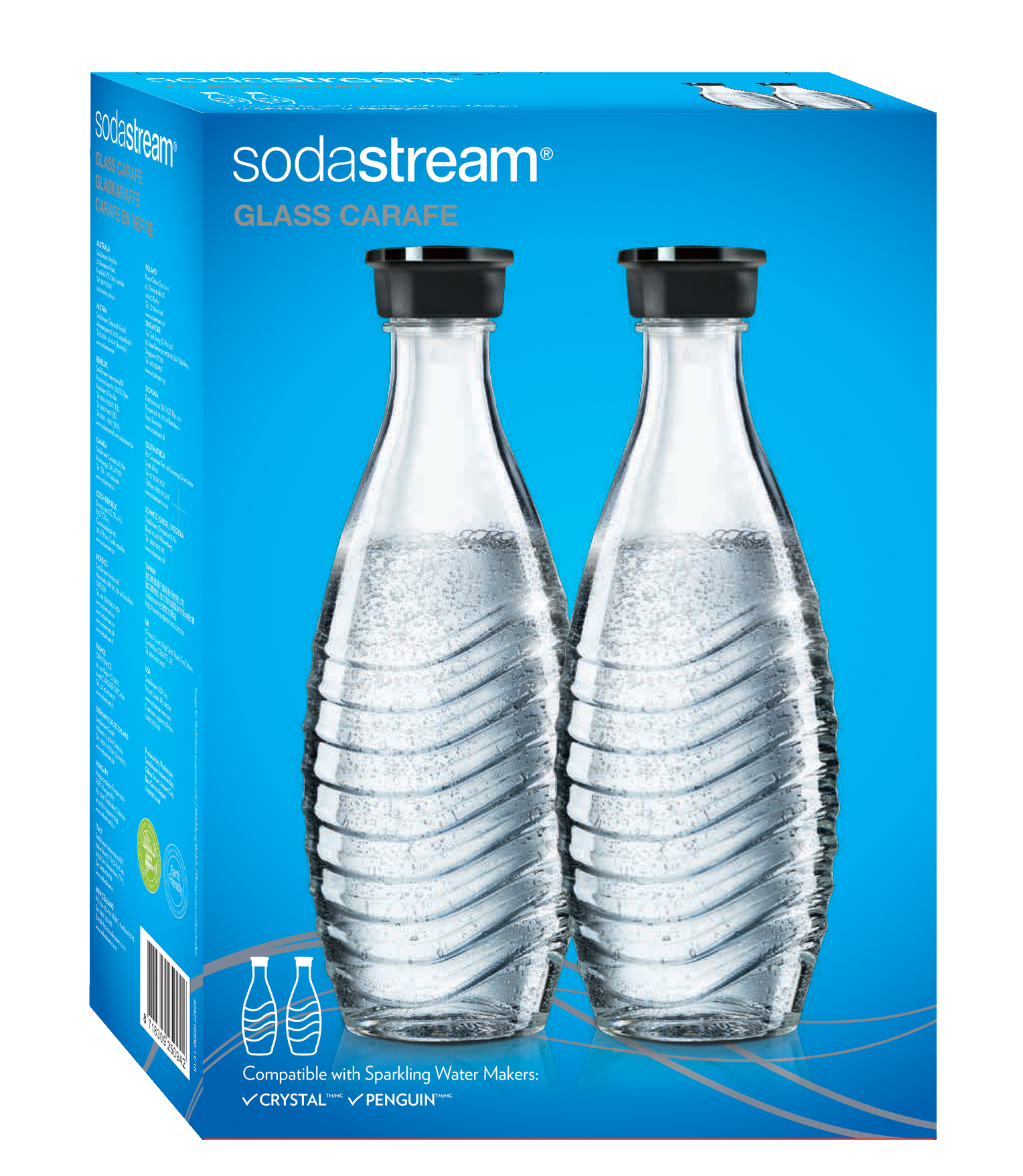 Two SodaStream carafes in a box. They are glass with a silver-colored top.