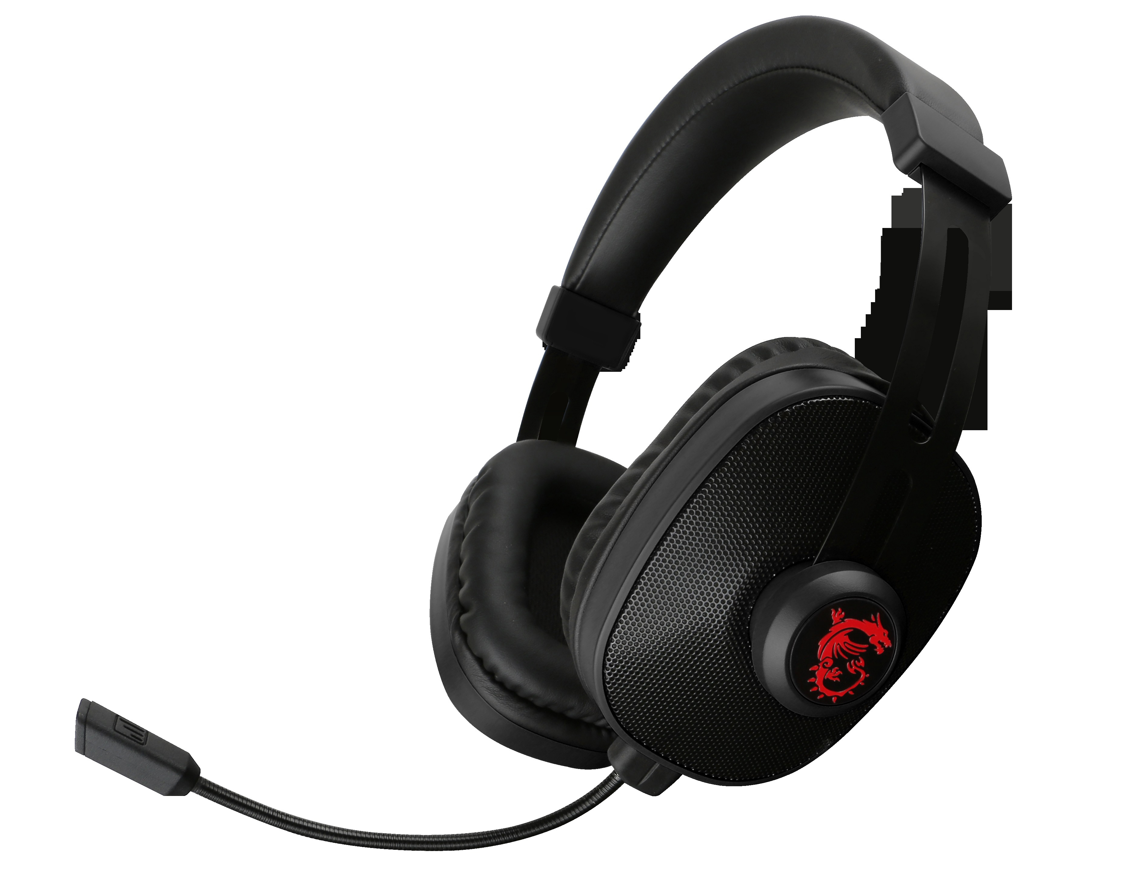 Schwarze Gaming-Kopfhörer mit rotem Logo am Ohrmuschel und Mikrofon.
