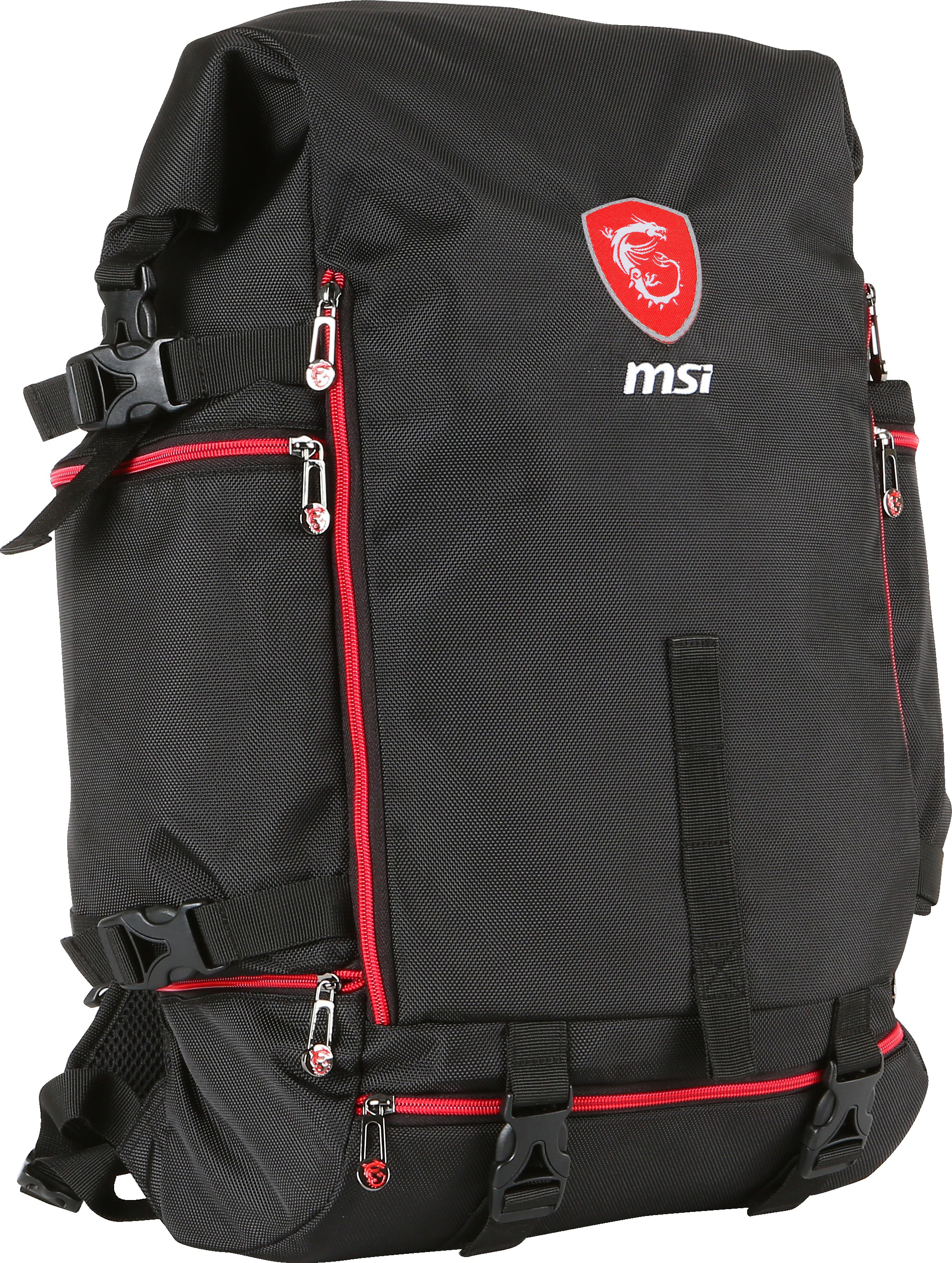 Schwarzer MSI Rucksack mit roten Akzenten. MSI-Logo oben. Reißverschlusstaschen und Gurte sichtbar.