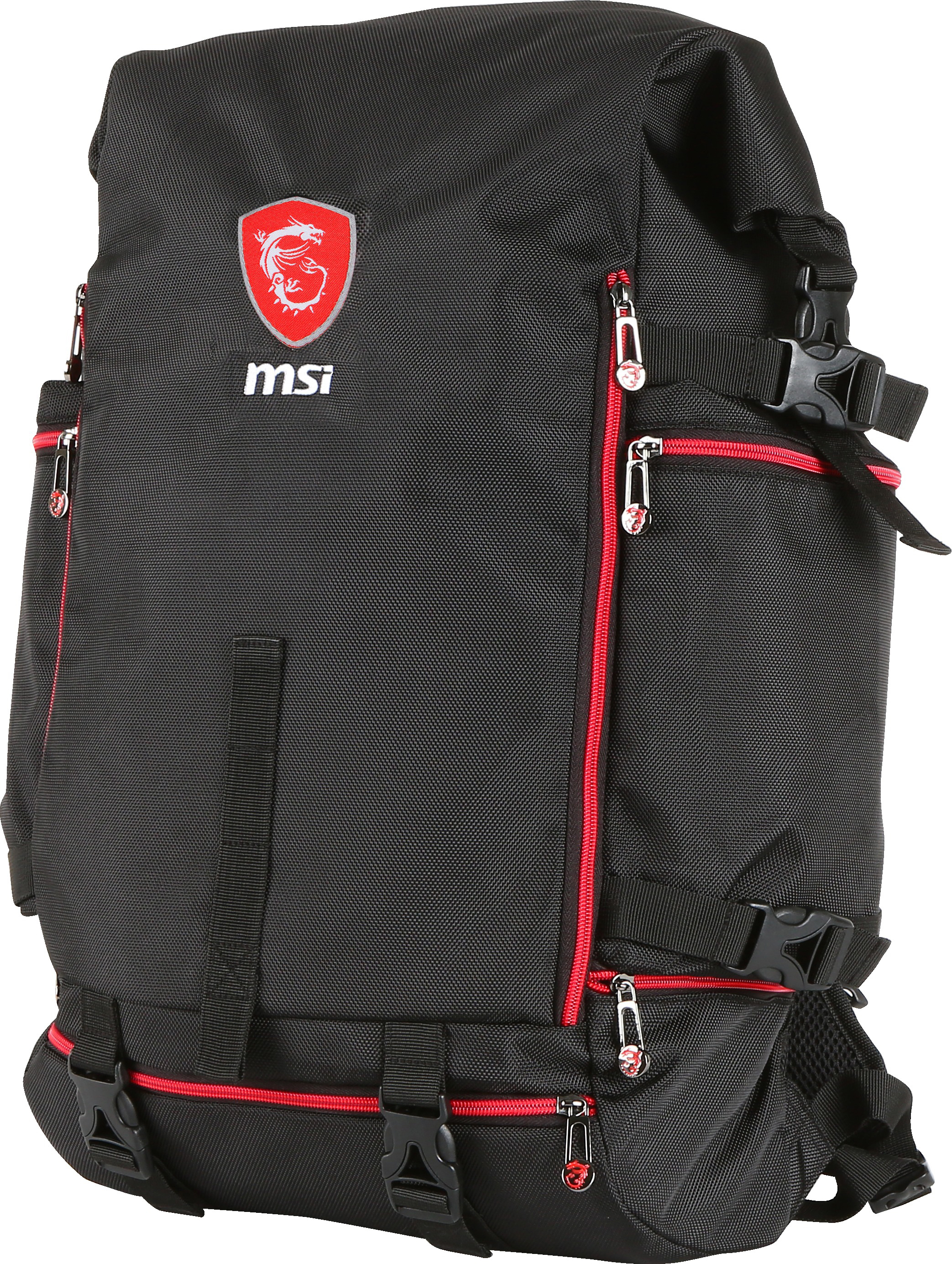 Schwarzer MSI Gaming-Rucksack mit roten Akzenten und Logo.