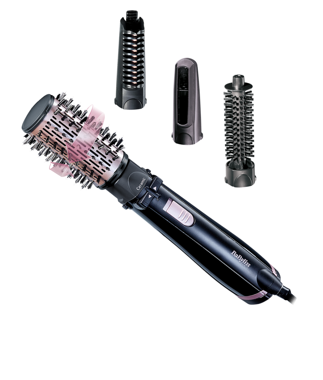 Eine Haarbürste mit drei zusätzlichen Aufsätzen. Die Bürste ist schwarz und rosa.