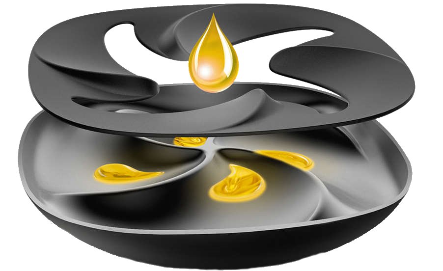 Abstracte afbeelding van olie en een draaiende component, met oliedruppels.