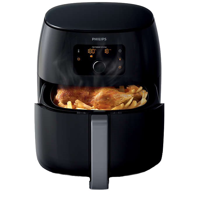 Zwarte Philips airfryer met gebakken kip en friet. Digitaal display toont temperatuur.