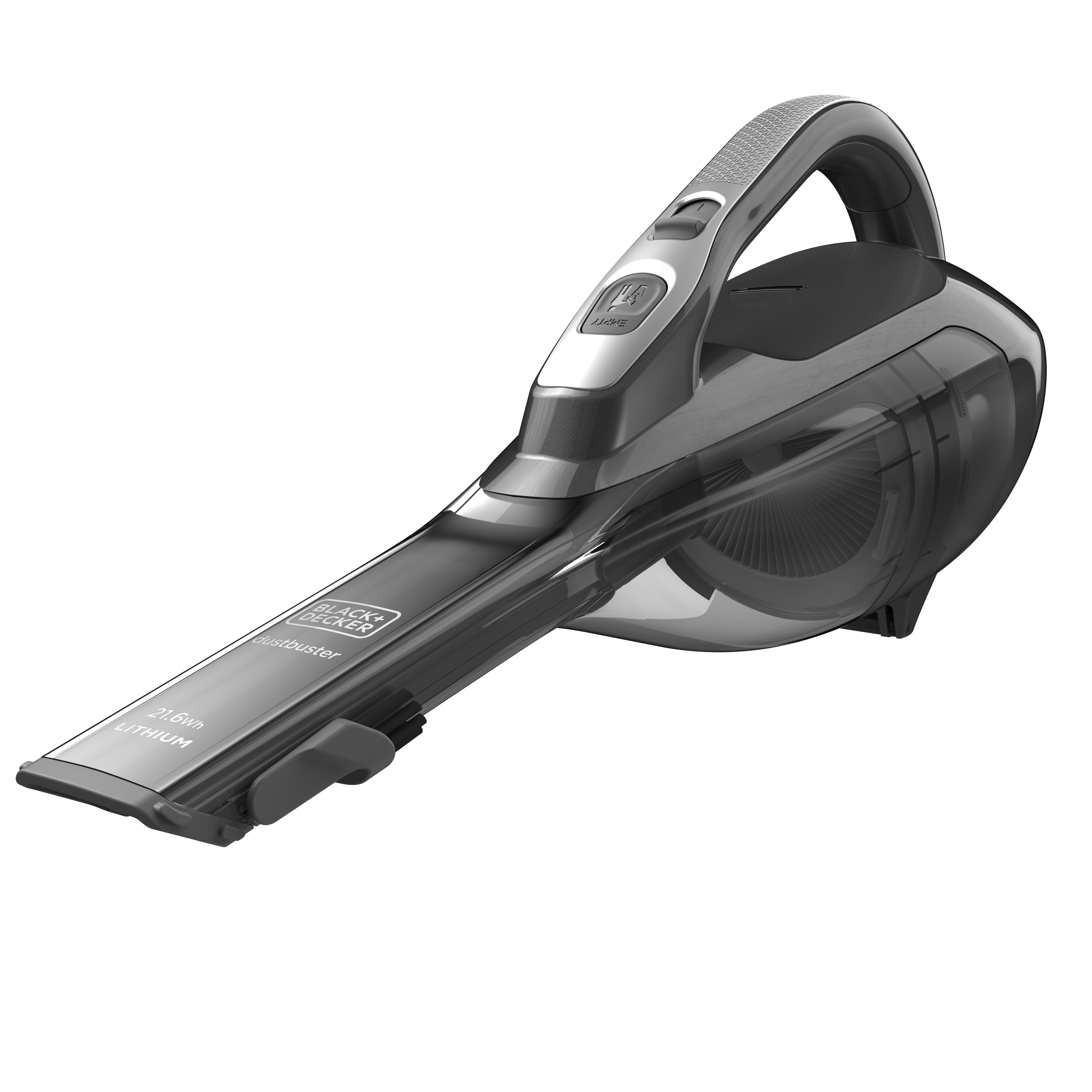 Ein grauer und schwarzer Black+Decker Dustbuster-Handstaubsauger auf weißem Grund. Merkmale: Griff, Staubbehälter und Düse.
