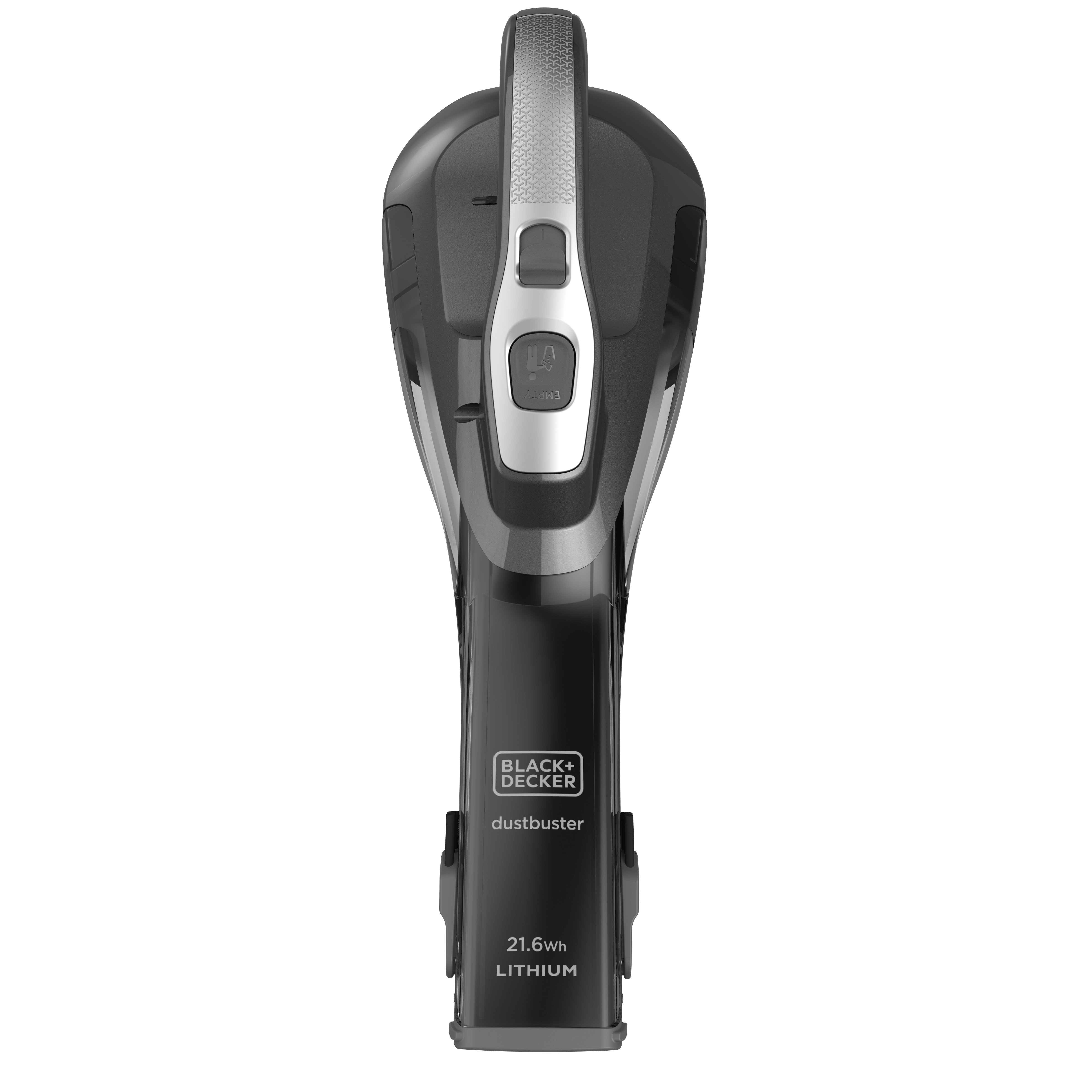 Black+Decker Dustbuster Staubsauger, schwarz und grau, auf weißem Hintergrund. Griff oben, Etikett am Körper.