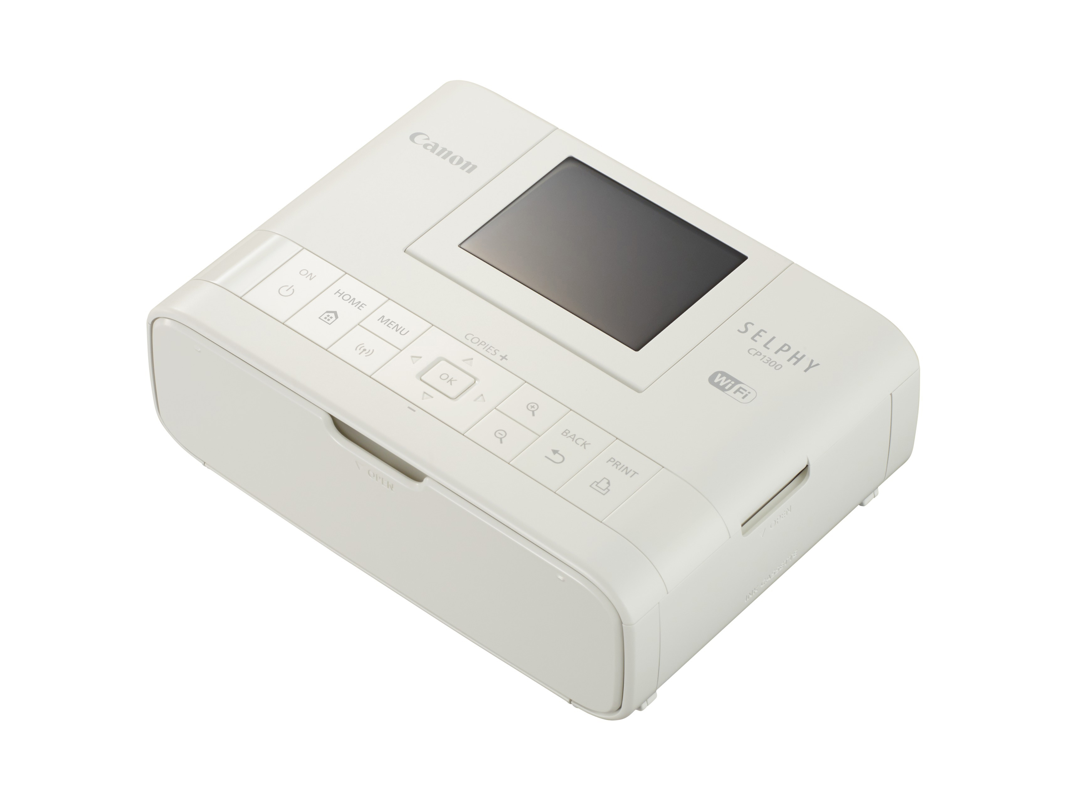 Weißer Canon Selphy CP1300 Drucker mit Bildschirm und Bedientasten. Die Schublade ist geöffnet.