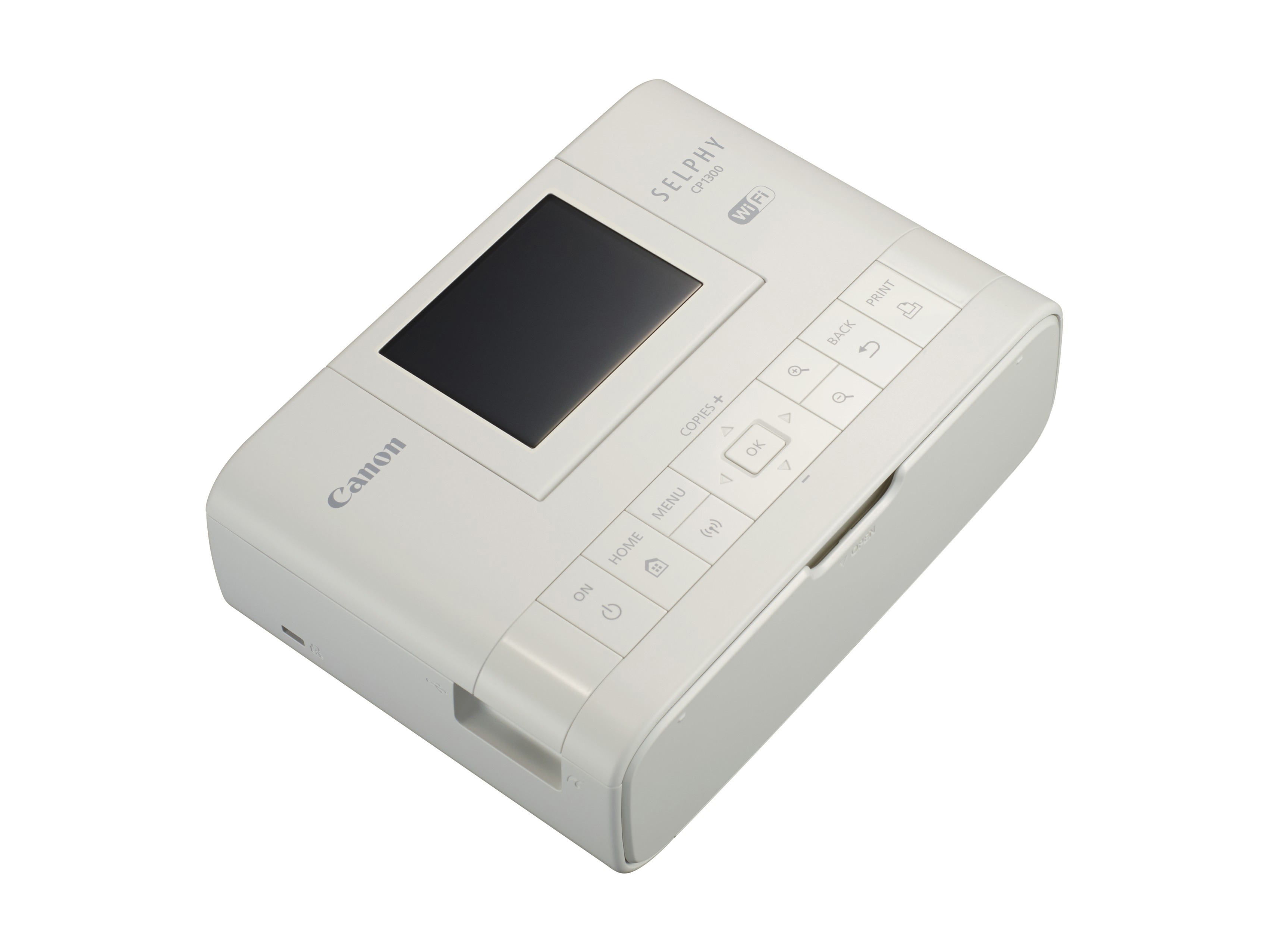 Weißer Canon Selphy CP1300 Drucker. Hat einen Bildschirm und Knöpfe. Weißer Hintergrund.