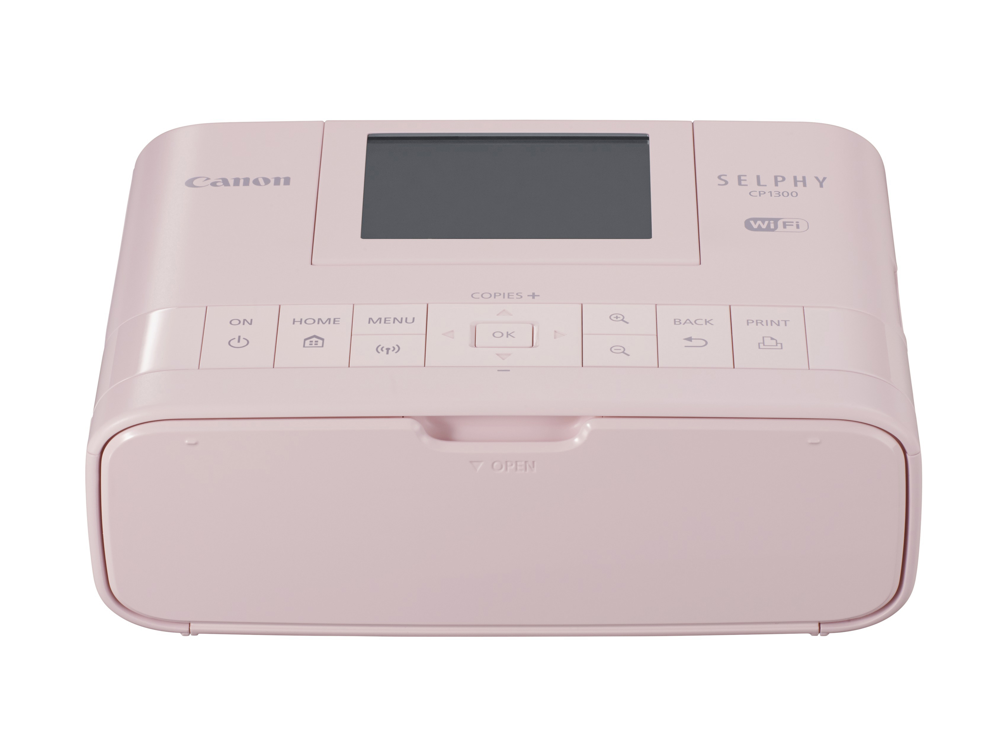 Ein rosa Canon Selphy CP1300 Drucker mit kleinem Bildschirm und Bedienelementen. Der Drucker steht auf weißem Untergrund.