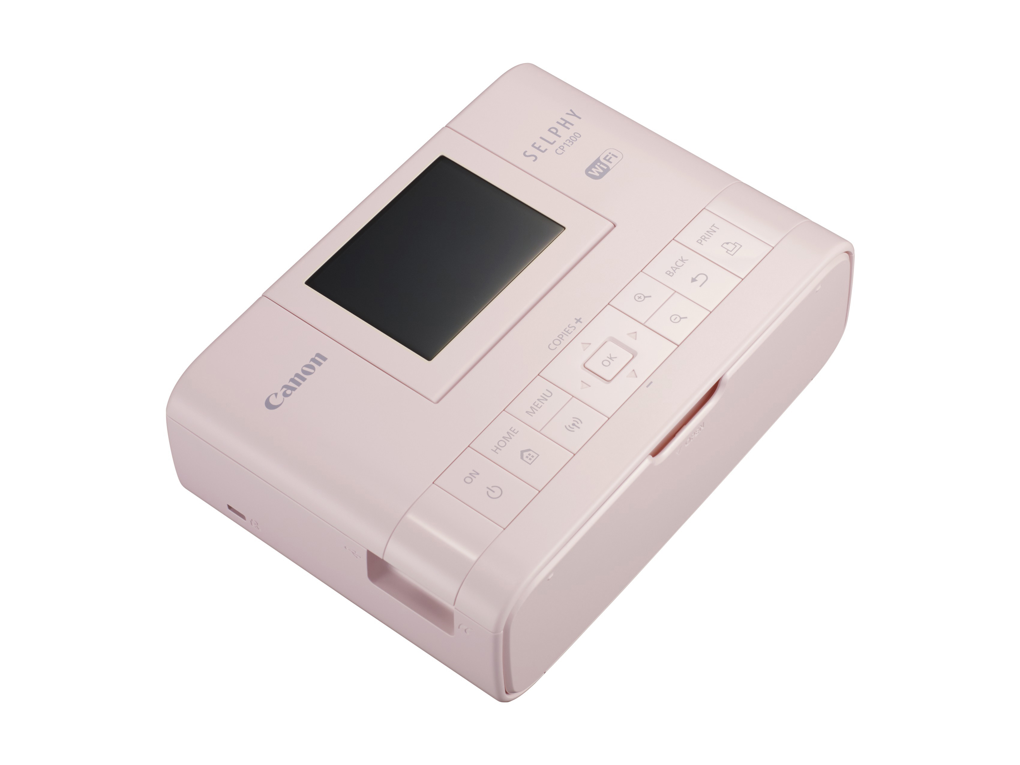Rosa Canon Selphy CP1300 Drucker. Es ist ein kleiner, tragbarer Fotodrucker mit Tasten.