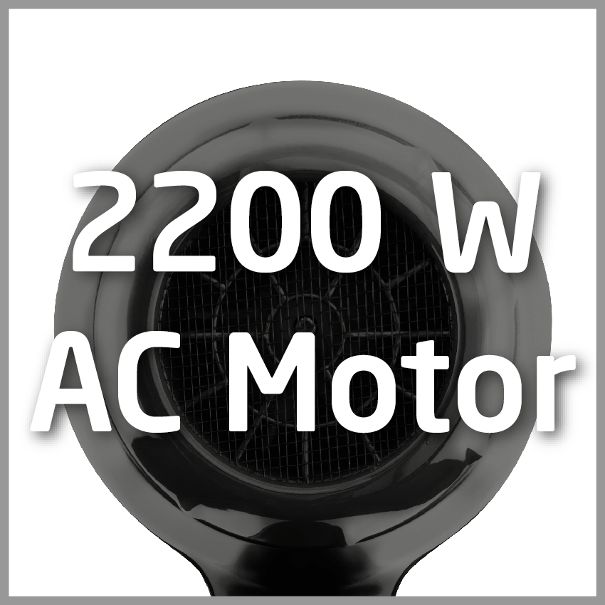 Nahaufnahme eines schwarzen Haartrockners mit der Aufschrift „2200 W AC Motor“. Schwarzer Hintergrund.
