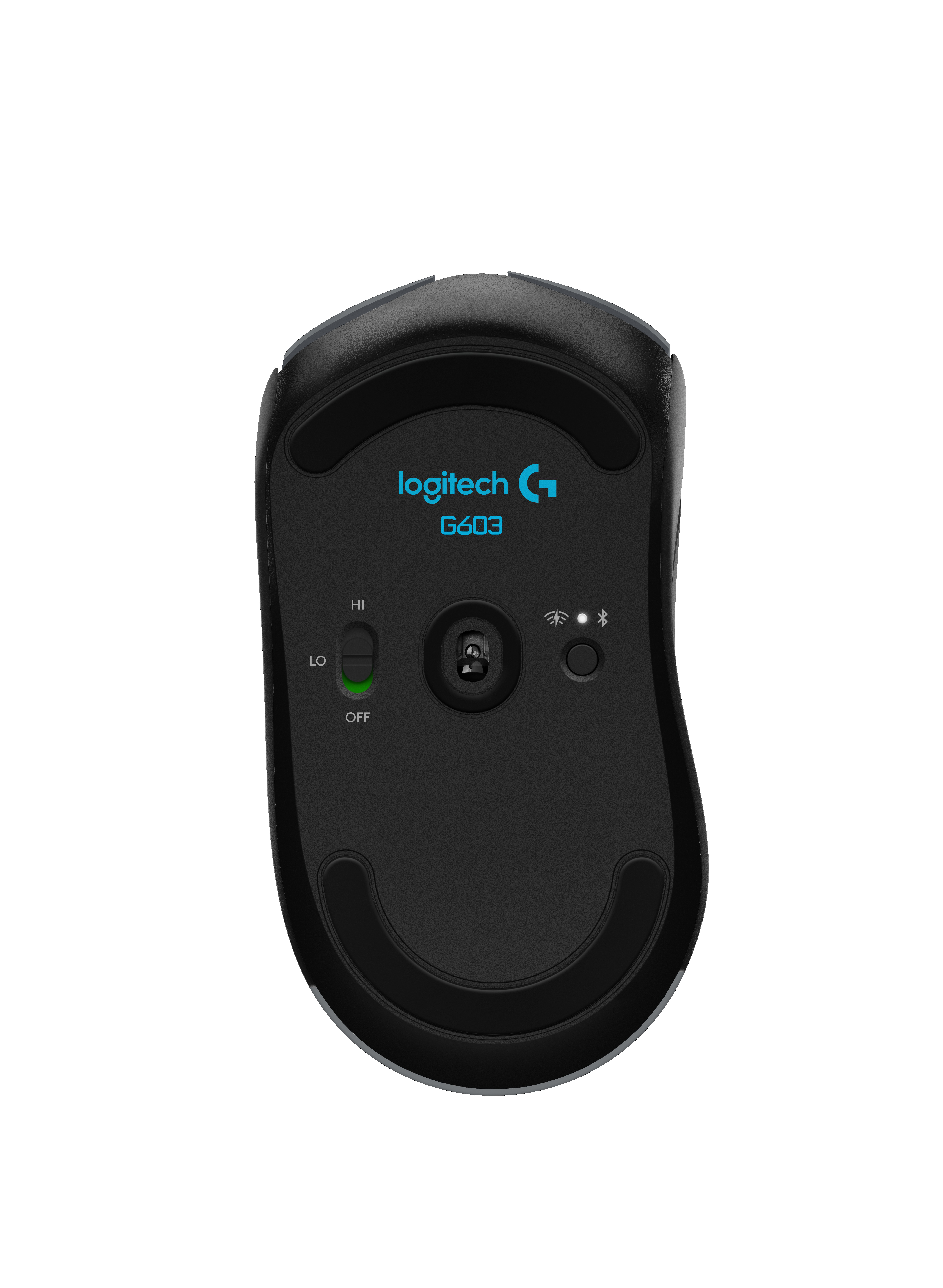 Die Unterseite einer schwarzen Logitech-Maus, die den Netzschalter und die Bluetooth-Taste zeigt.