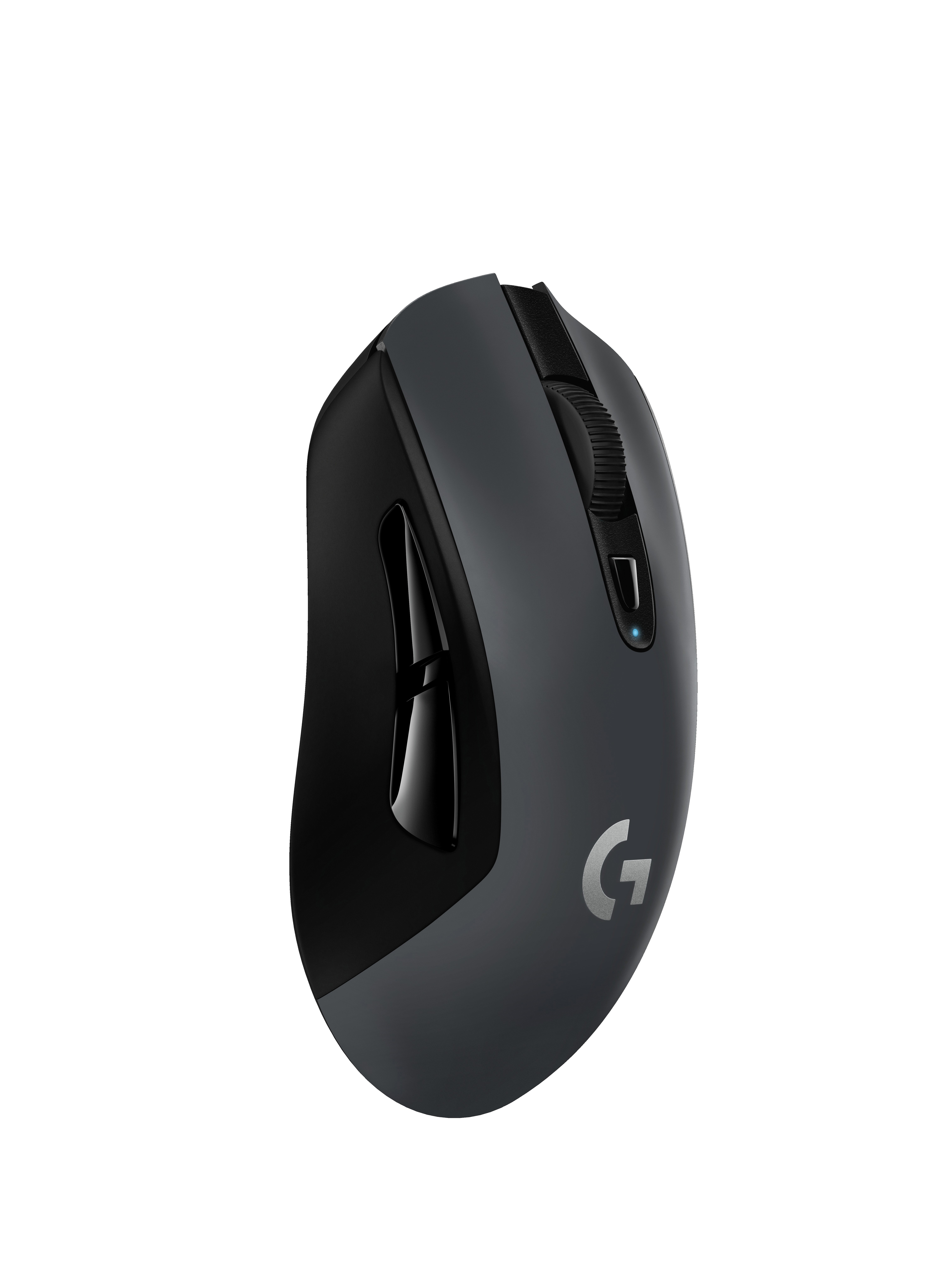 Dunkelgraue Logitech-Maus. Schwarze Seitentasten und ein Scrollrad. 'G'-Logo sichtbar.