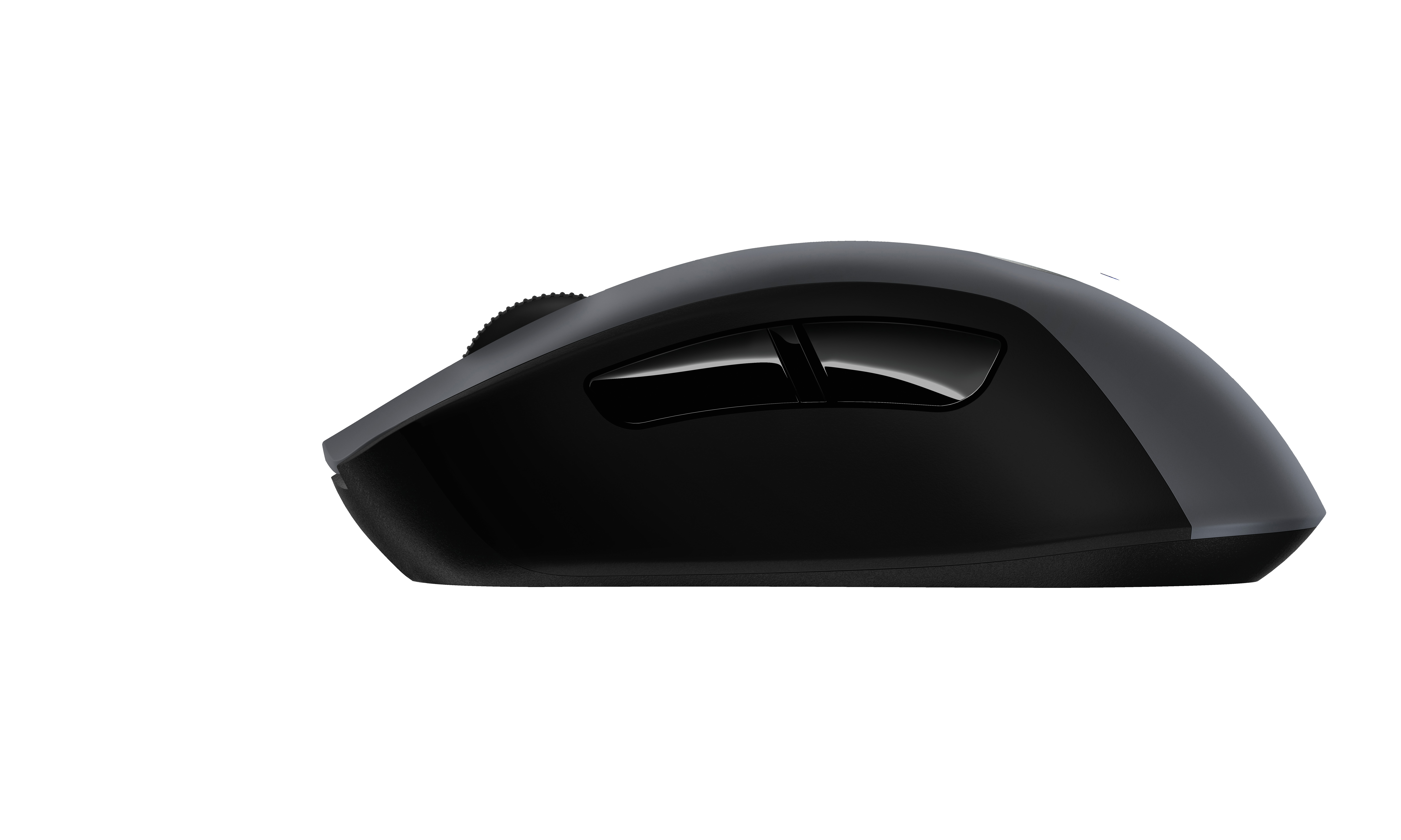Eine schwarze Computermaus mit Scrollrad und Tasten.
