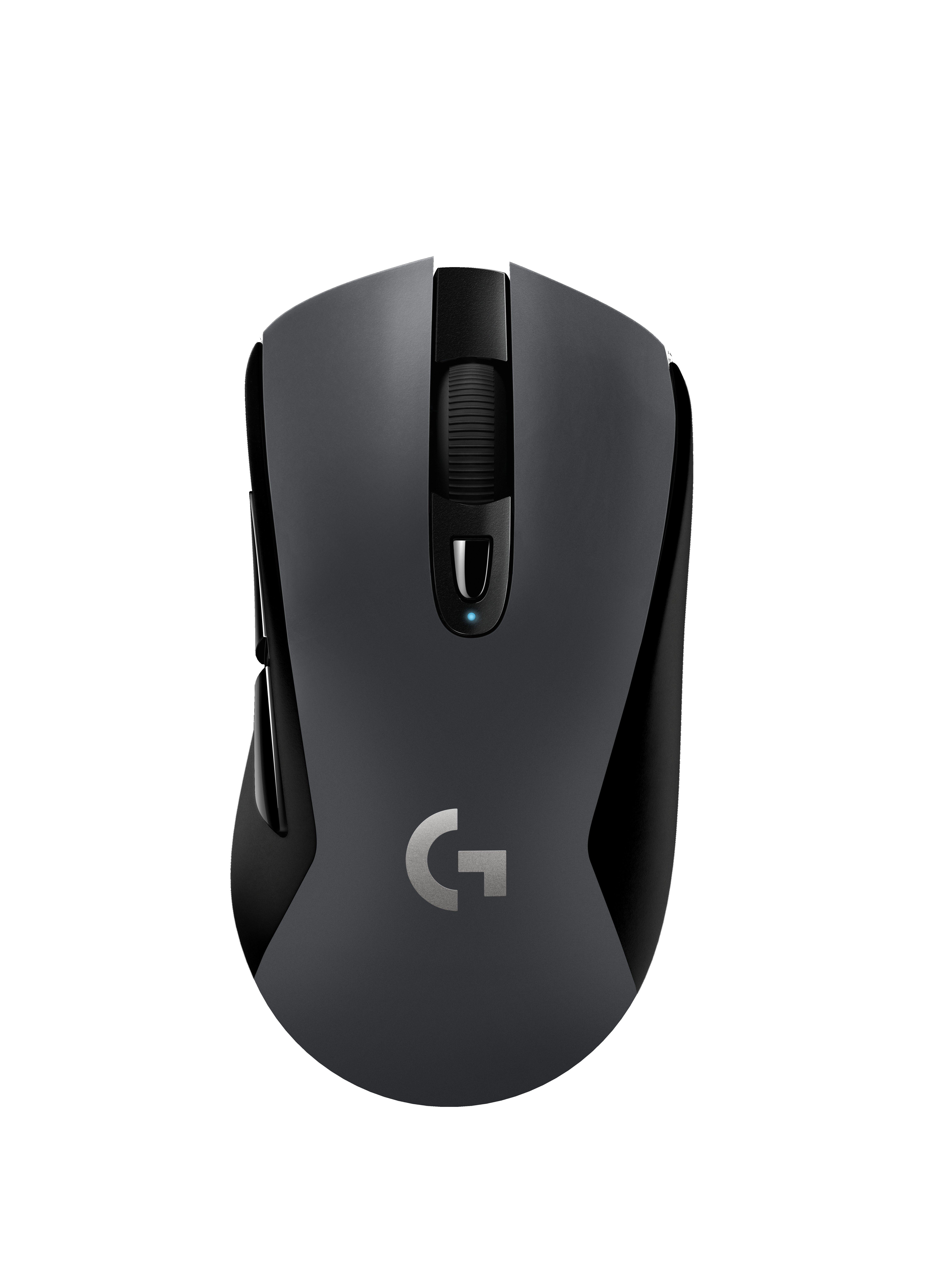 Eine Draufsicht auf eine schwarze Computermaus mit 'G'-Logo und Scrollrad.