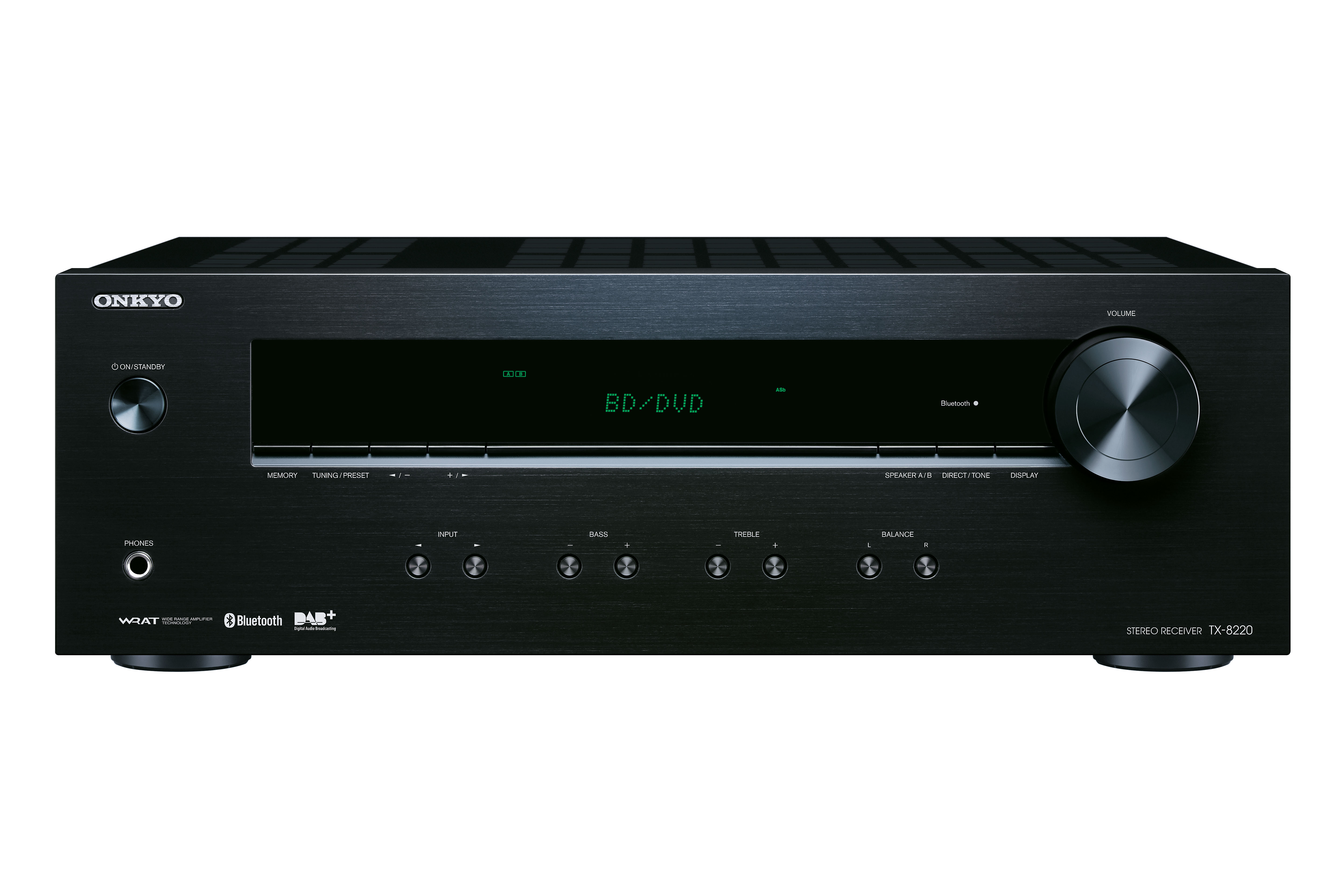 Schwarzer Onkyo-Stereo-Receiver mit Knöpfen, Lautstärkeregler und Anzeige 'BD/DVD'.