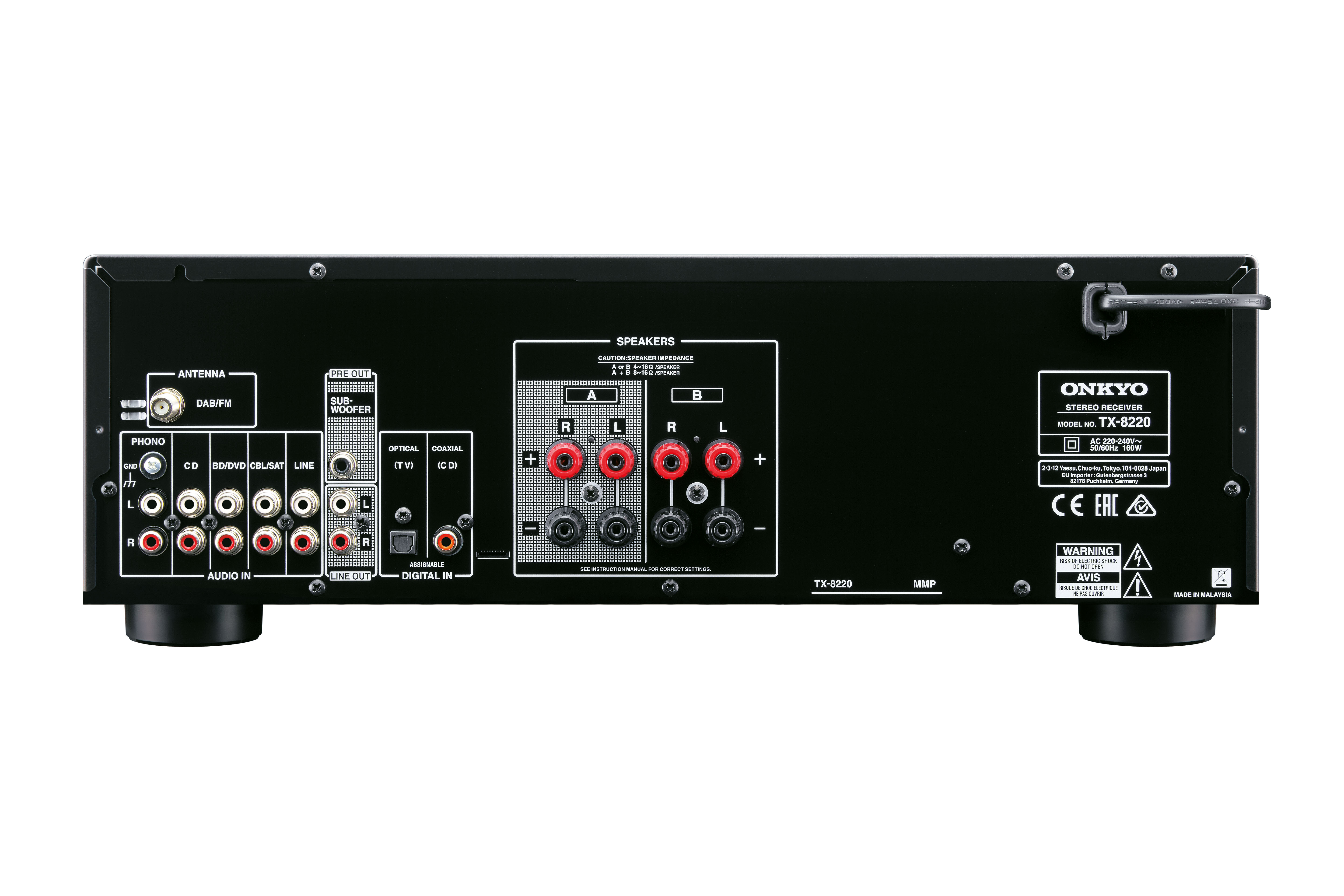 Schwarze Rückseite des Onkyo-Stereo-Receivers. Enthält Lautsprecheranschlüsse, Ein-/Ausgänge, Modellinformationen und Warnhinweise.