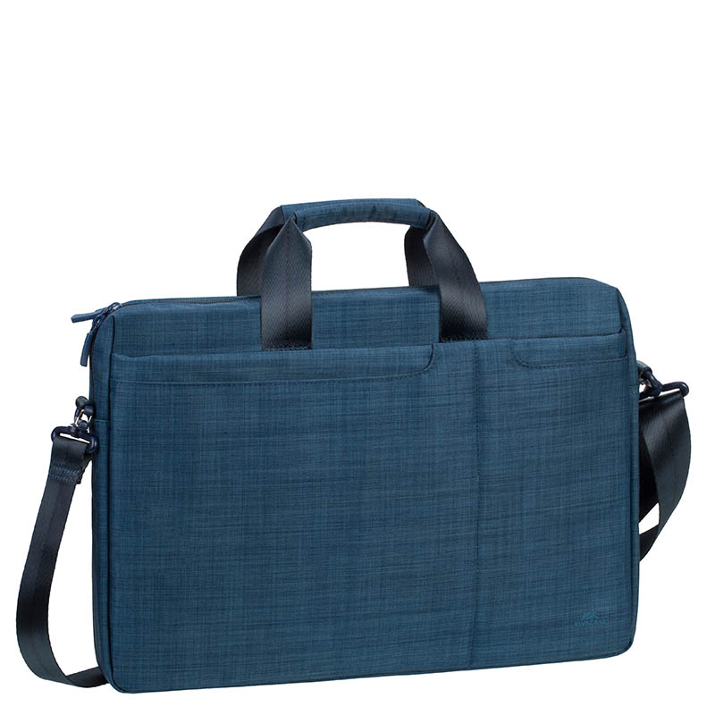 Kék laptop táska fekete fogantyúkkal és vállpánttal.
