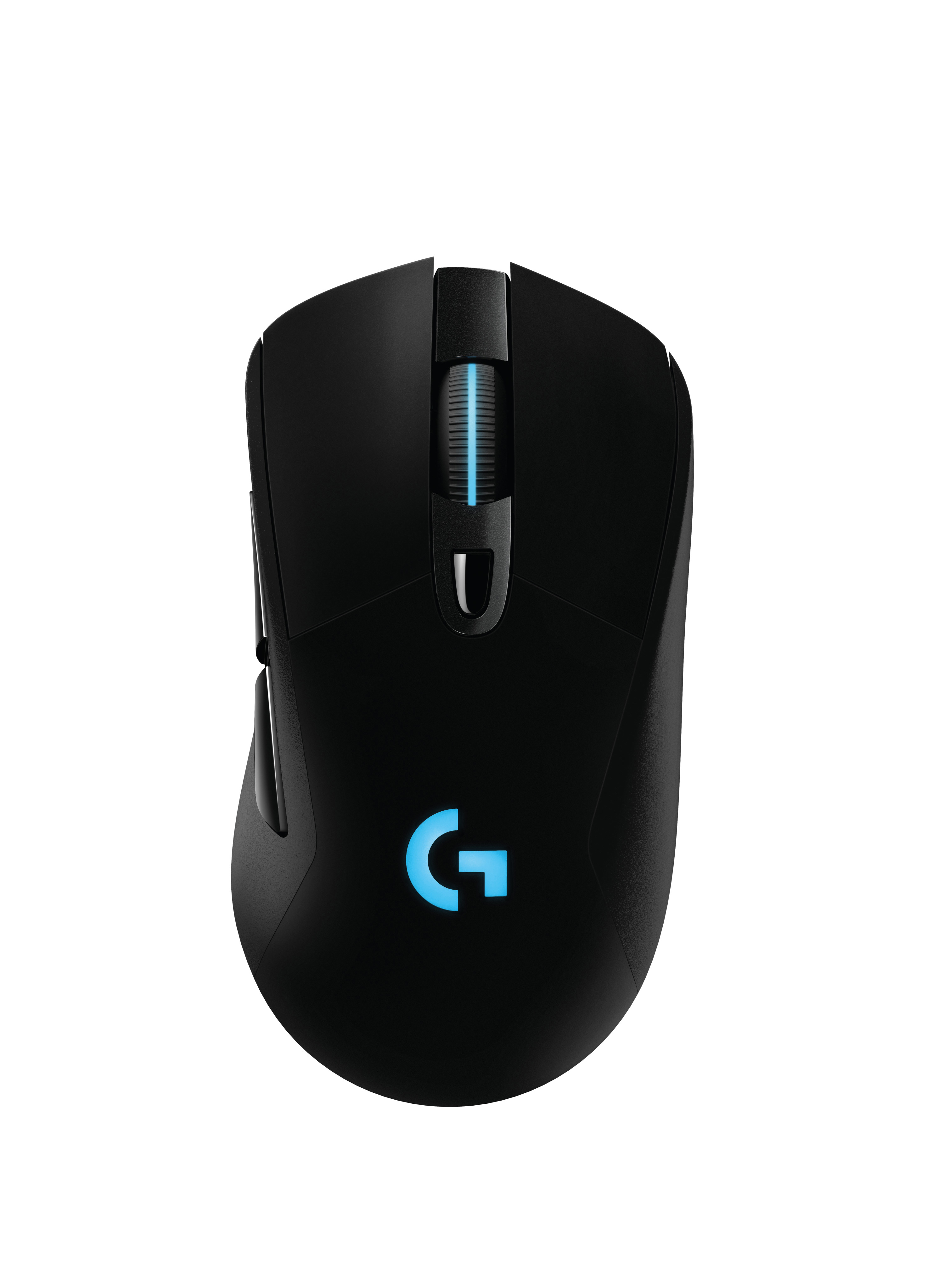 Egy fekete, vezeték nélküli Logitech egér, kék világító 'G' logóval. A görgő és a vonalak szintén kékek.