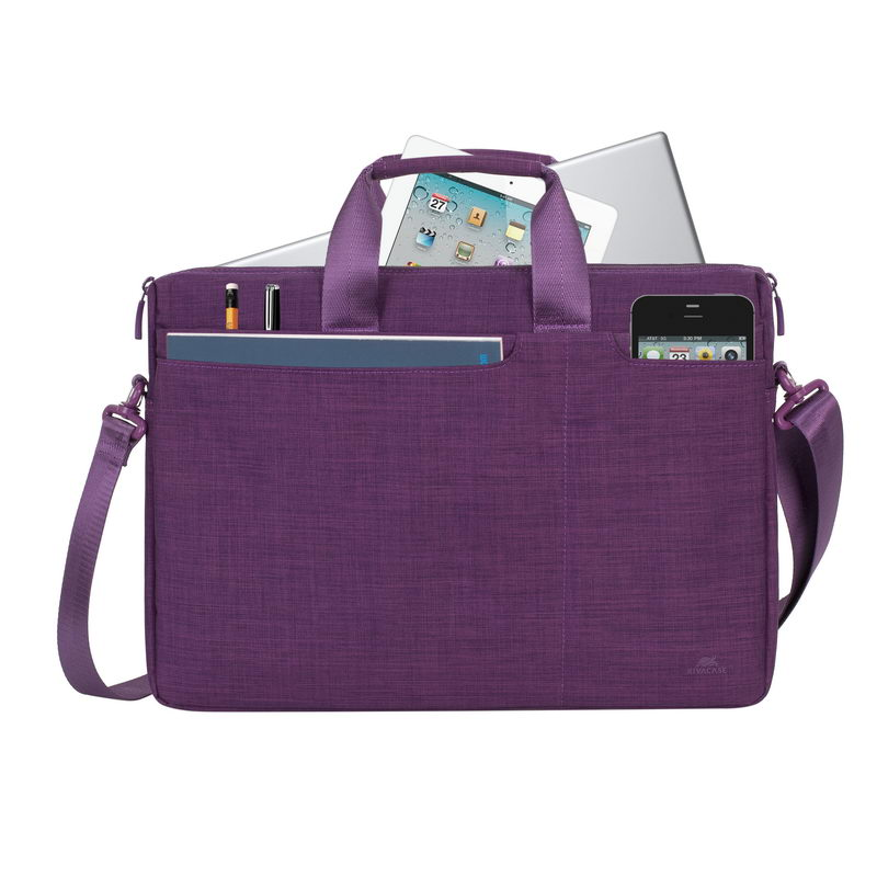 Lila laptop táska több zsebbel, laptopot és tabletet tartalmaz.