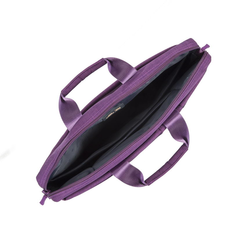 Nyitott lila laptop táska, felülnézet. A táska belseje látható.