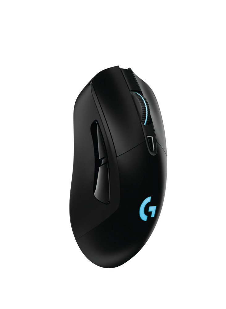 Egy fekete Logitech vezeték nélküli gamer egér. Görgővel, oldalsó gombokkal és kék logóval rendelkezik.