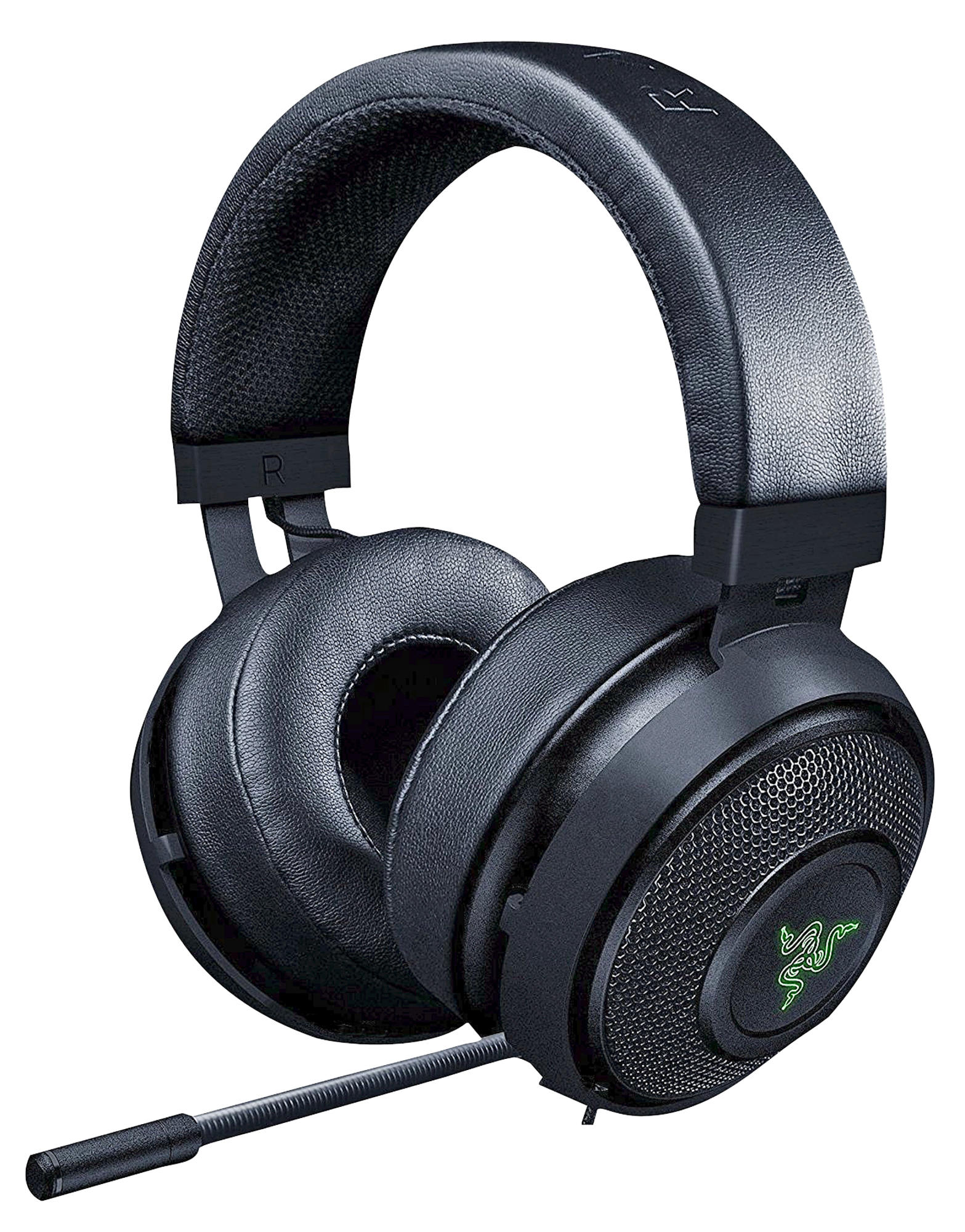 Schwarzer Razer-Kopfhörer mit Mikrofon auf weißem Hintergrund.