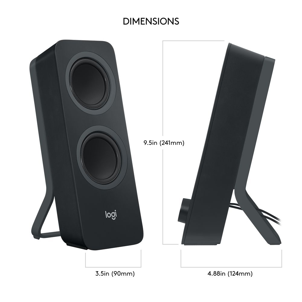 Zwei schwarze Logitech-Lautsprecher stehen. Der linke zeigt die Lautsprecher, der rechte die Seitenansicht.