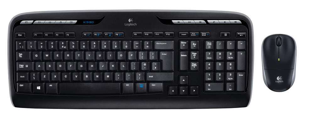 Schwarzes Logitech-Tastatur- und Maus-Set auf weißem Hintergrund, Tasten und Knöpfe sichtbar.