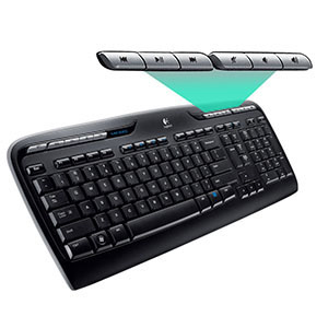 Schwarze Tastatur mit grün hervorgehobenen Medientasten.