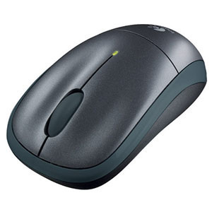 Eine dunkelgraue kabellose Computermaus mit Scrollrad und grünem Licht.